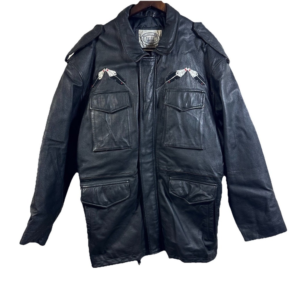 Willabee & Ward Genuine Leather Jacket Bear Patch Feathers Pockets L Indonesia